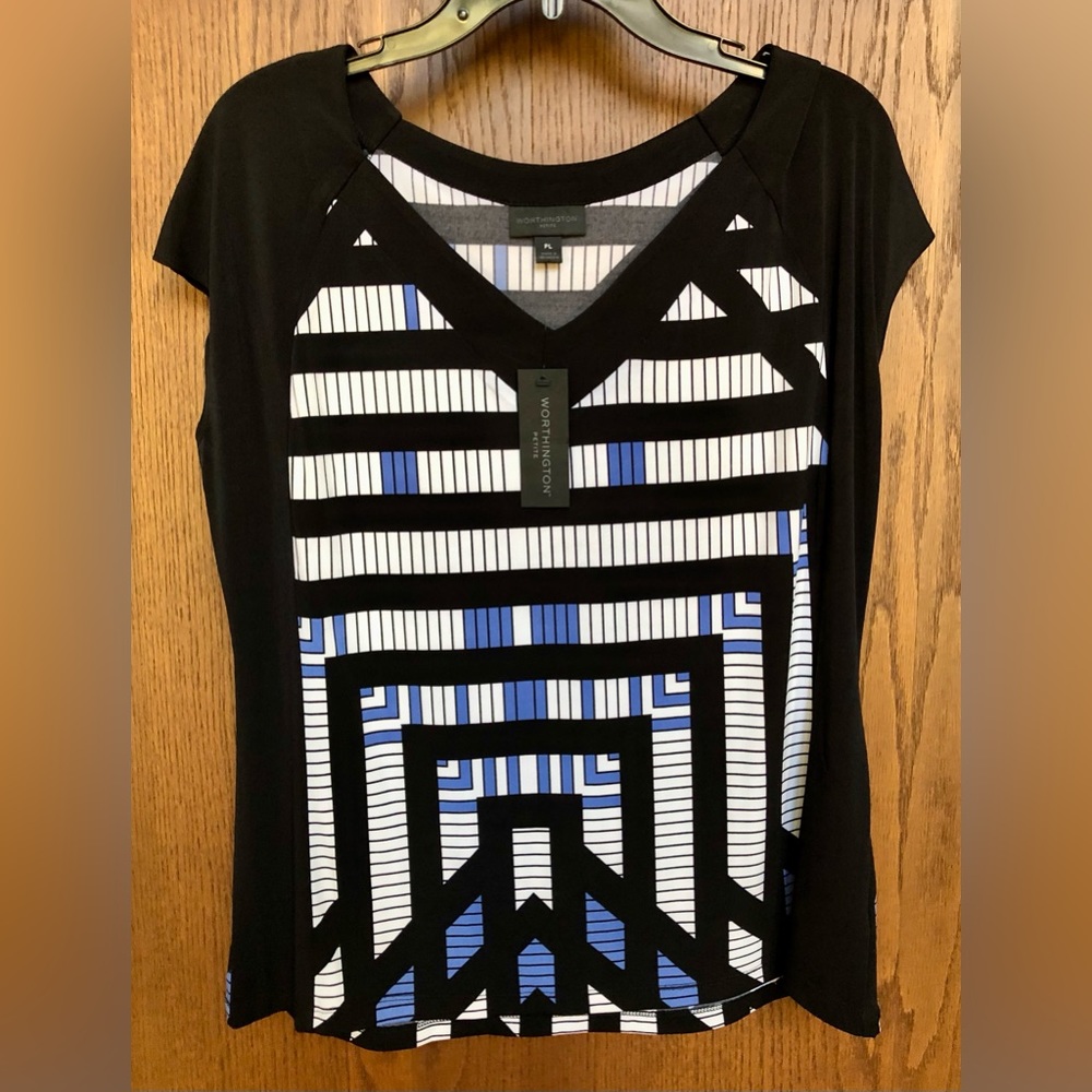 Worthington Petite Womens V-Neck Blouse PL Cap Sleeve Geometric Black Blue White